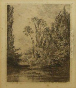 Wooded River Landscape With Punt by Charles-Francois Daubigny