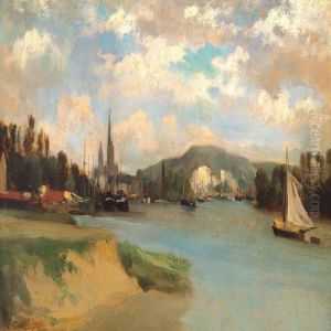 City On A River Bank In France, Presumably The Harbour Of Rouen by Charles-Francois Daubigny