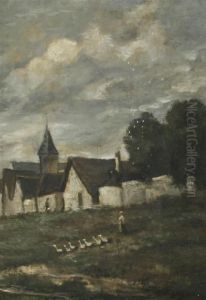 Woman And Geese With Village Beyond by Charles-Francois Daubigny