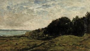 Grazing Cows In A Meadownear Villerville by Charles-Francois Daubigny