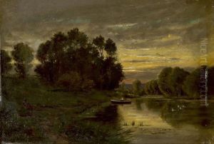 Bei Sonnenuntergang Am Flussufer by Charles-Francois Daubigny