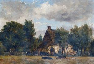 Cows In A Pasture Beside A Farm by Charles-Francois Daubigny