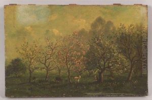 Shepherdess With Goats In An Orchard.
