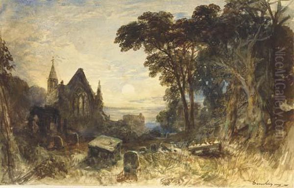 Un Paysage Nocturne Avec Une Eglise Et Un Cimetiere Au Premier Plan - view 1