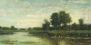 Herons Au Bord De L'etang by Charles-Francois Daubigny