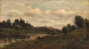 Pecheur Au Bord De La Riviere by Charles-Francois Daubigny