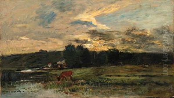 Landscape With Cow Watering At A Quiet Pool - view 1