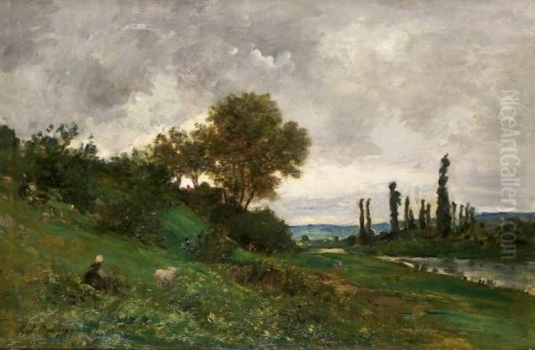 Bergere Et Mouton En Bord De Riviere - view 1
