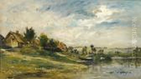 Maison Au Bord D'un Etang Huile
Surpanneau Cachet De La Vente En Bas A Gauche. 39 X 67 Cm - view 1