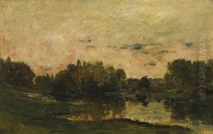 An Extensive Landscape At Sunset With A Lake In The Foreground by Karl Pierre Daubigny