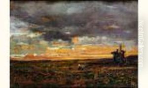 Paysage De Champ Au Soleil Couchant by Karl Pierre Daubigny