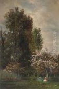 A Figure Seated Beneath A Cherry Tree by Karl Pierre Daubigny