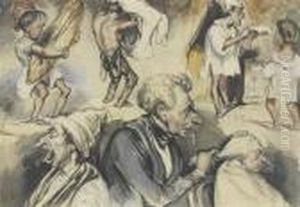 Servant Dressinghis Master's Hair And Two Scenes With A Man In A Nightshirt. by Honore Daumier