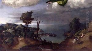 St Nicholas in Glory with Sts John the Baptist and Lucy (detail) by Lorenzo Lotto