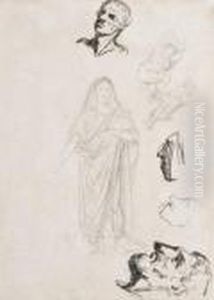 Feuille D'etudes Avec Quelques Tetes Et Figure Drapee by Honore Daumier