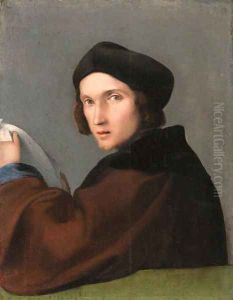 Portrait of a young man, half-length, in a brown mantle and a dark cap, a letter in his hands by Lorenzo Lotto