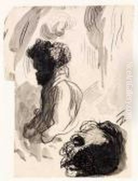 Verso De La Feuille D'etudes Au Croquis De "la
Republique", Deux Tetes D'hommes - view 1