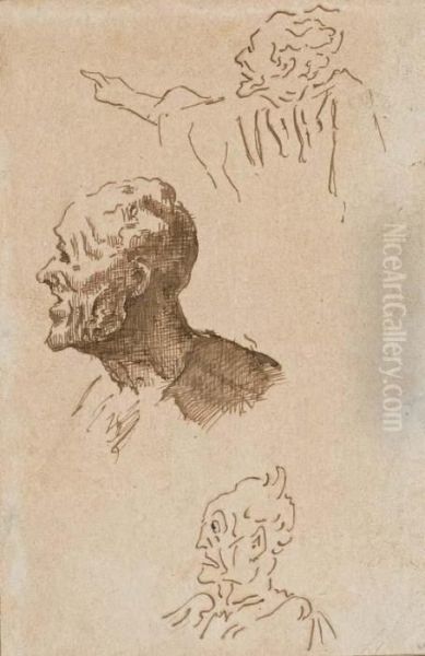 Etude De Trois Tetes D'homme, L'un Montrant Du Doigt - view 1