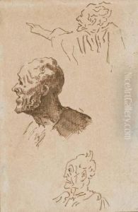 Etude De Trois Tetes D'homme, L'un Montrant Du Doigt by Honore Daumier