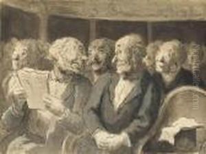 A Man Holding A Theatre Programme Looking Back At An Eavesdropperin A Theatre Stall
