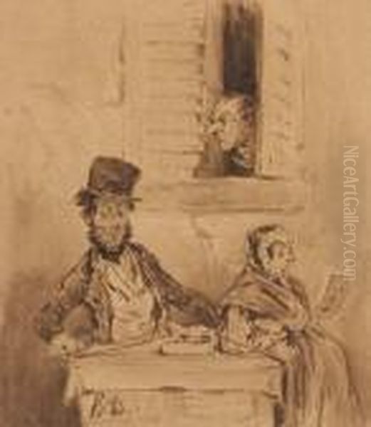 Un Homme Et Une Femme Assis A Une Table Dehors, Un Homme Sepenchant A Une Fenetre - view 1