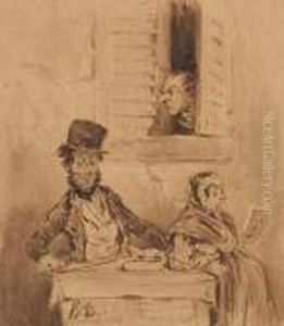 Un Homme Et Une Femme Assis A Une Table Dehors, Un Homme Sepenchant A Une Fenetre by Honore Daumier