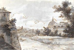 Recto: View Of Along The Tiber With The Castel Sant'angelo And St. Peter's To The Right by Jacques Louis David