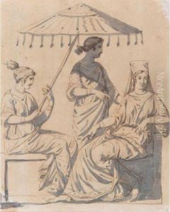 Three Women, Two Seated, One Holding An Elaborate Parasol, Another Standing Three Women, Two Seated, One Holding An Elaborate Parasol, Another Standing