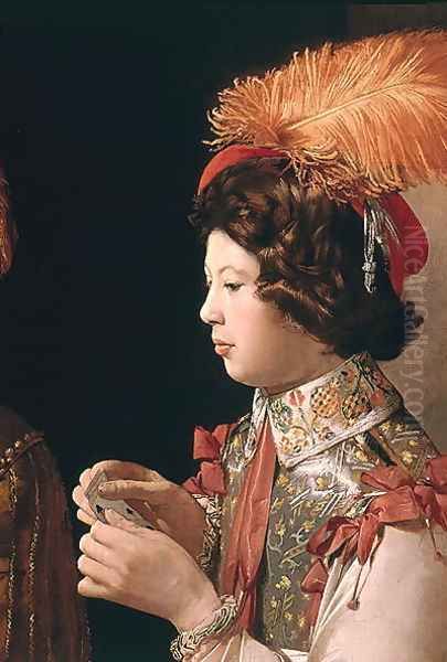 The Cheat with the Ace of Diamonds, detail depicting the male card player with the feathered hat, c.1635-40 - view 1