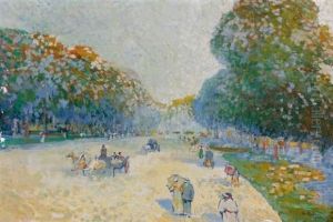 Fiacres Et Promeneurs Aux Champs-elysees by Pierre De Belay