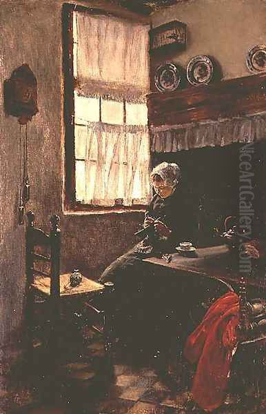 A young woman knitting in an interior - view 1