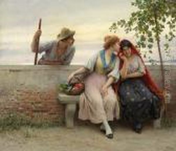 Venetian Chit-chat. A Gondolier
Eavesdrops On Two Women Conversing. In The Background The Typical
Architecture Of The Venetian Lagoon. Oil/canvas, Signed And Dated "1911" - view 1