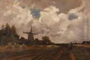Windmuhle Insturmischer Landschaft by Theophile Emile Achille De Bock
