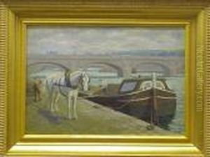 A Carthorse Alongside Boat In European Canal Being Unloaded