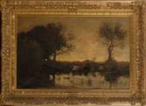 Cattle By The Pool At Sunset by Theophile Emile Achille De Bock