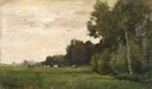 Studie Van Landschap Met Bosrand En Enkele Stuks Grazend Vee
