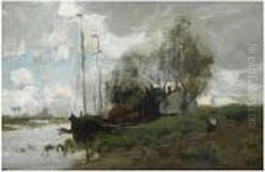 A Canal Near Zwijndrecht by Theophile Emile Achille De Bock