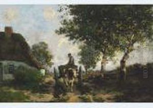 Farmer Driving His Ox Cart On A Country Lane by Theophile Emile Achille De Bock