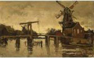 Draw Bridge With Windwill De Adriaan, Haarlem by Theophile Emile Achille De Bock