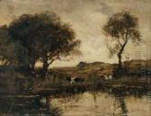 Baumbestandene Weidelandschaft Mit Rindern Am Wasser. by Theophile Emile Achille De Bock