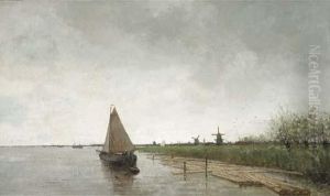 A River Landscape With Vessels, A City Beyond by Theophile Emile Achille De Bock