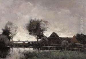 A Polder Landscape With A Farm At Dusk