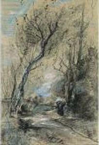 A Peasant Woman On A Path In A Wooded Landscape by Theophile Emile Achille De Bock