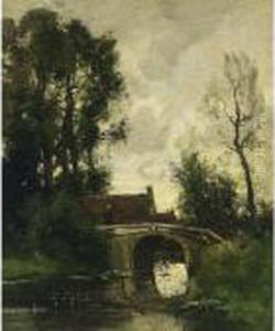 A Figure Crossing A Bridge In A Wooded Landscape A Figure Crossing A Bridge In A Wooded Landscape