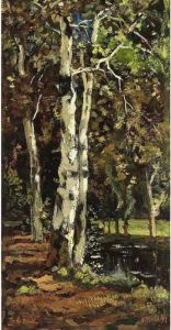 Birch Trees By A Pond by Theophile Emile Achille De Bock