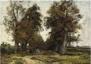 A Cowherd And Her Cattle On A Sandy Track