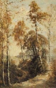 A Shepherd And Flock In A Wooded Landscape