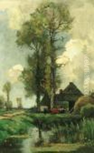 Cattle Near A Stable By A Polder Pond - view 1