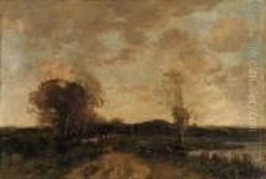A Shepherd And His Flock By A Lake by Theophile Emile Achille De Bock