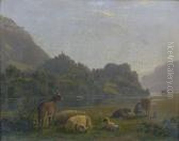 Berger Et Son Troupeau En Bord De Riviere - view 1
